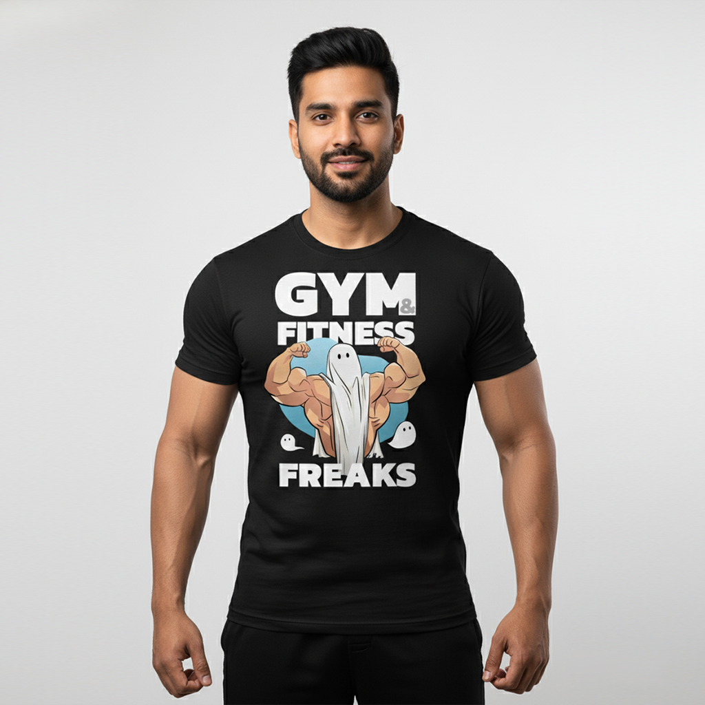 Muscular ghost flexing on the black 'Gym & Fitness Freaks' graphic T-shirt by It's Crazy.