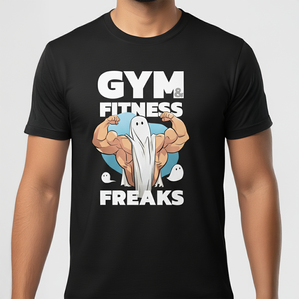 Man at the gym wearing the 'It's Crazy' Gym & Fitness Freaks ghost T-shirt.