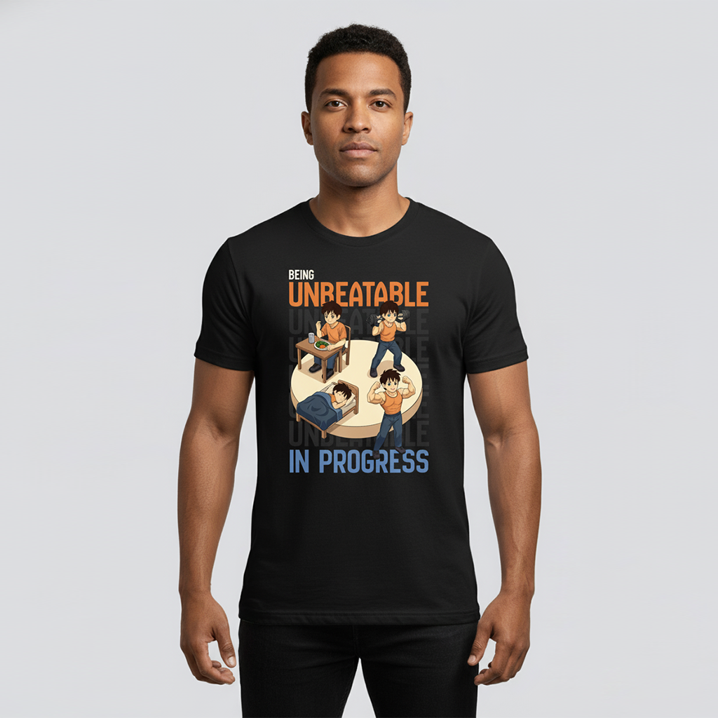 men's black T-Shirt with 'Being Unbeatable In Progress T-Shirt'
