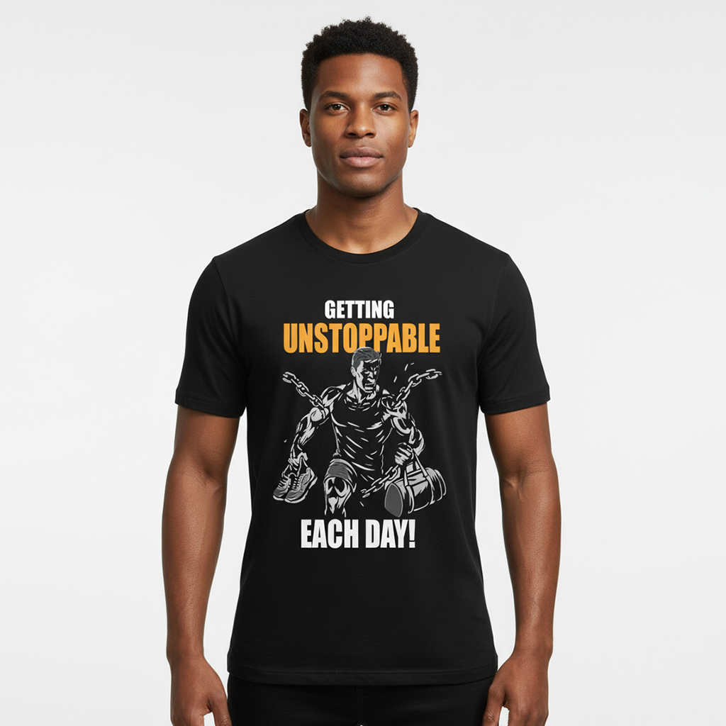 Man wearing the black 'Unstoppable Each Day T-shirt' by It's Crazy